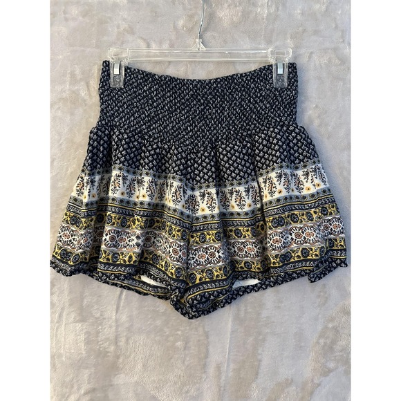Bershka Shorts Womens Large Blue Yellow Boho Floral High Waist Smocked Festival - Picture 1 of 13